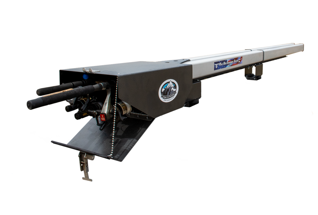prts-2u10 peak rod transport system with back door open showing a variety of rods safely stored in the reel housing box
